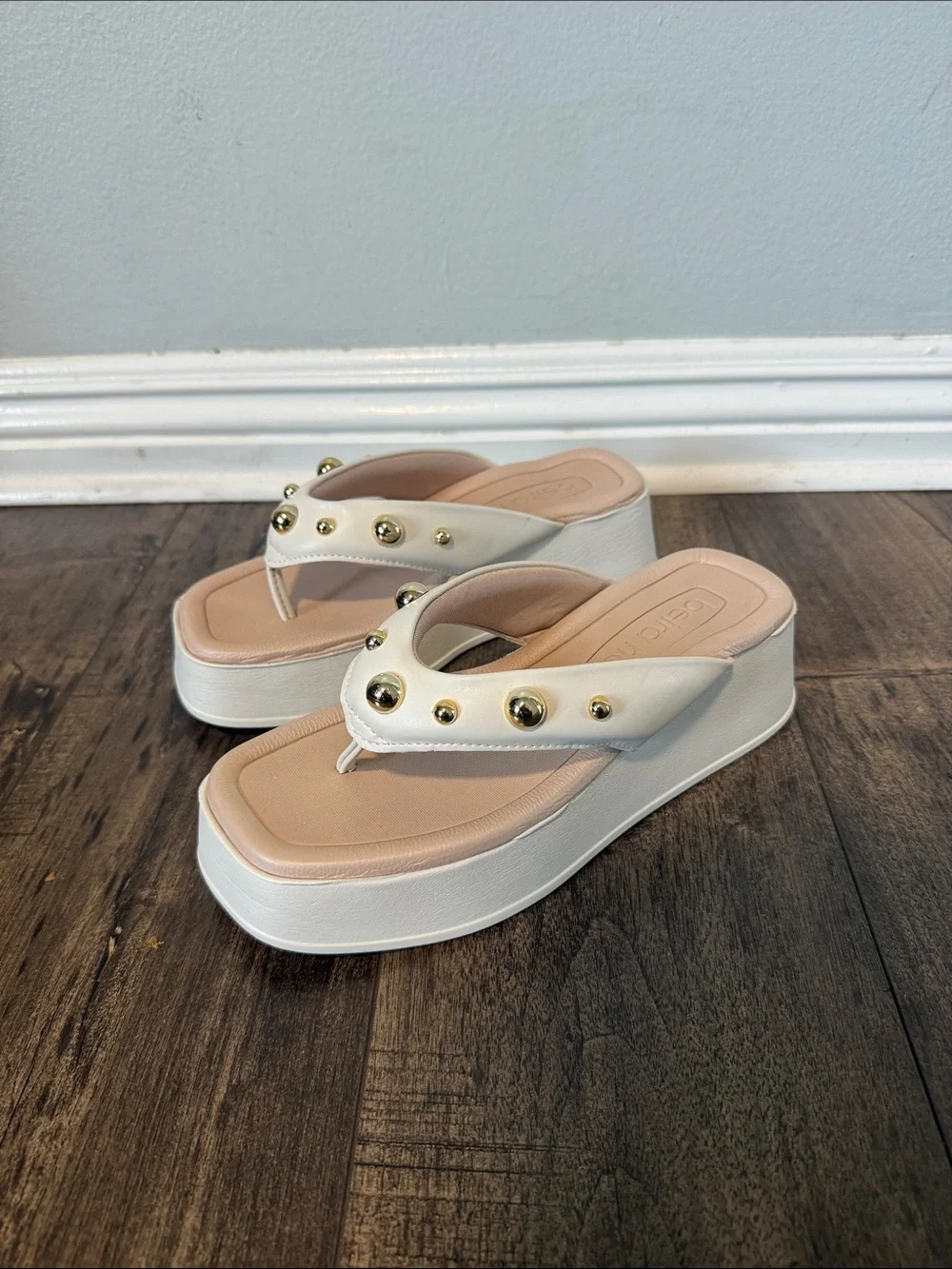 White Platform Thong Sandals with Blush Footbed and Gold Studs